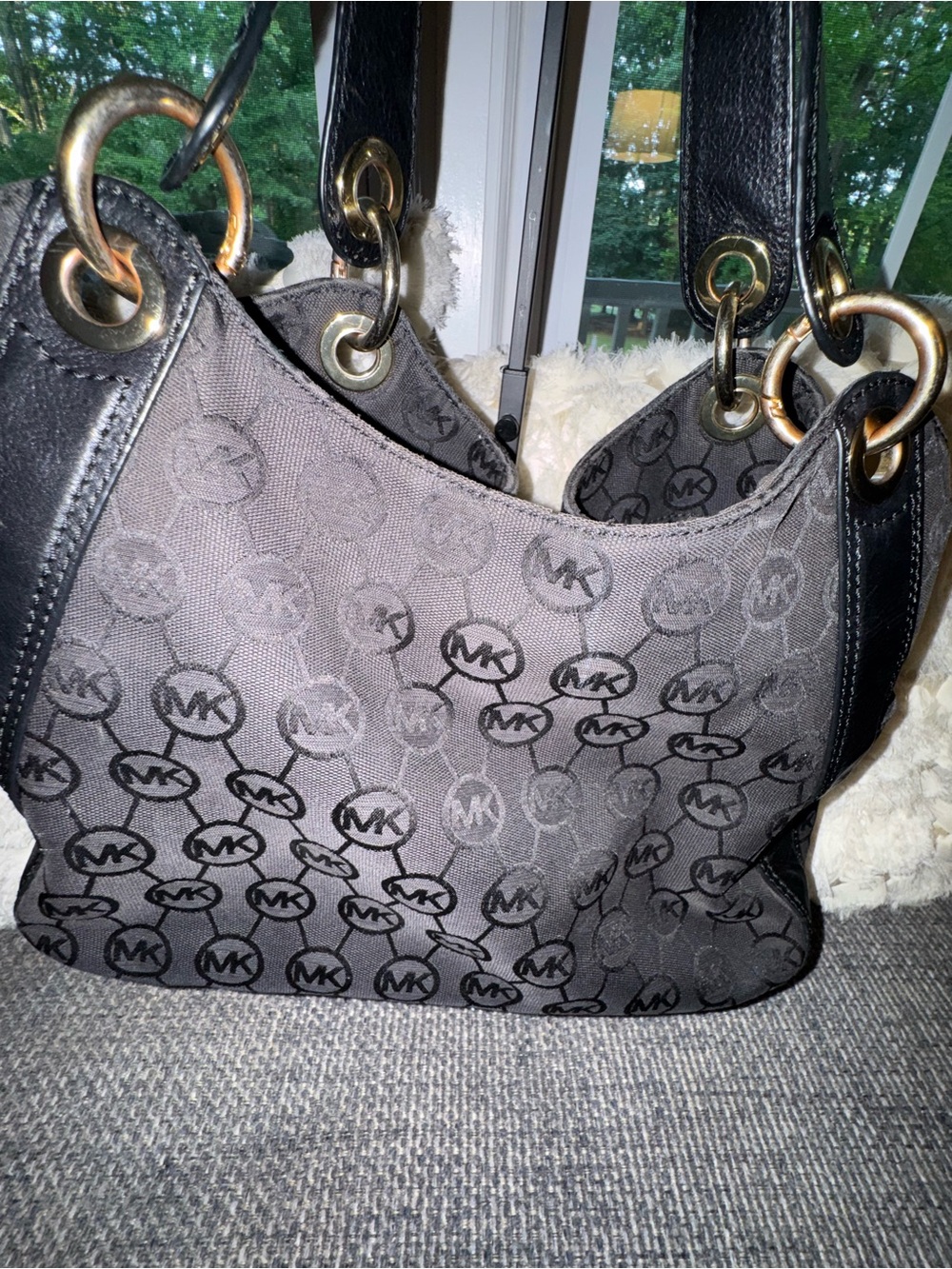 Michael Kors Black Signature Jacquard Drawstring Shoulder Bag Gold Hardware - Picture 9 of 10